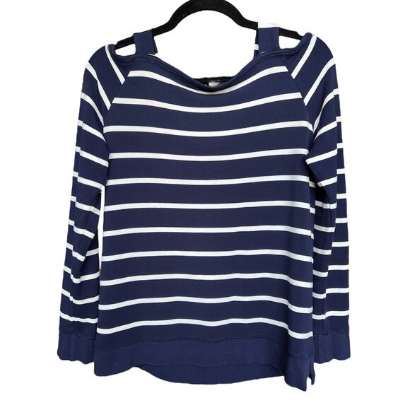 Lauren Ralph Lauren Women’s Cold Shoulder Navy Striped Sweater Top Medium - Picture 5 of 7